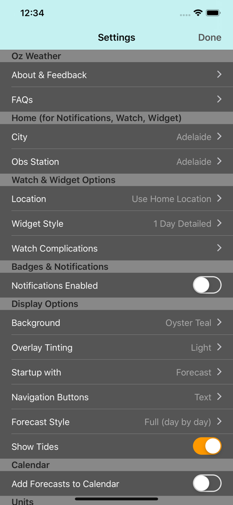 Settings menu of the Oz Weather Plus app displaying options for city selection widget style and display preferences