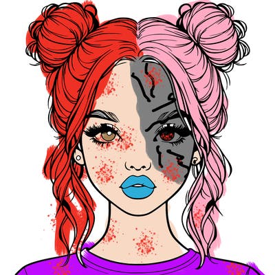 realistic girl with two buns in hair and lips