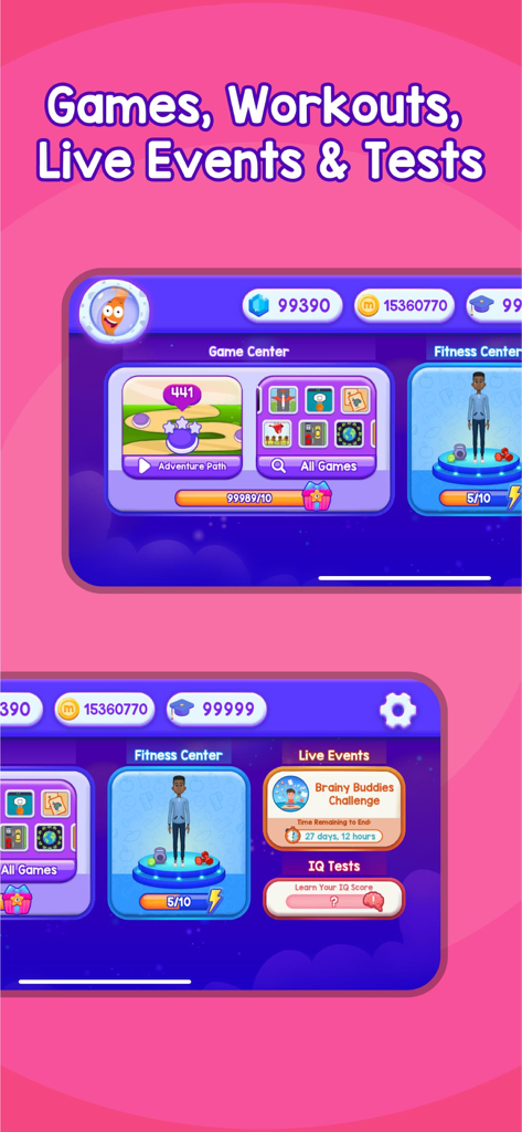 MentalUP app screen displaying kids learning games fitness workouts and IQ tests