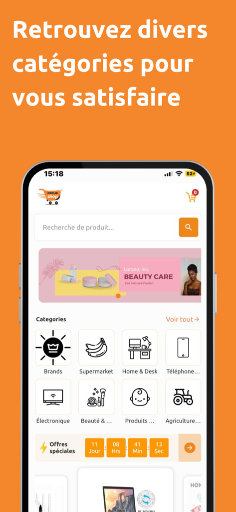 Focus Shop - Focus Shop app interface showing various product categories and special offers on an iPhone