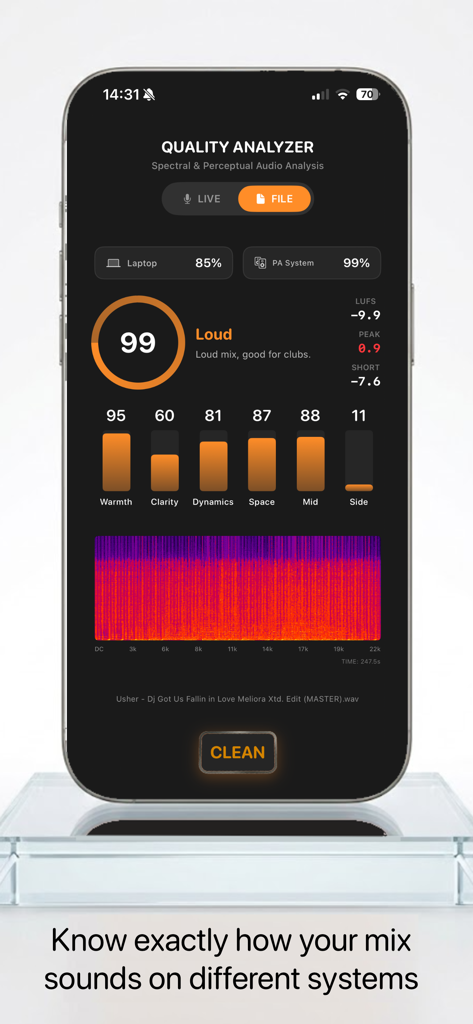 Interface do aplicativo Quality Analyzer exibindo métricas de áudio e equilíbrio espectral para uma faixa de música