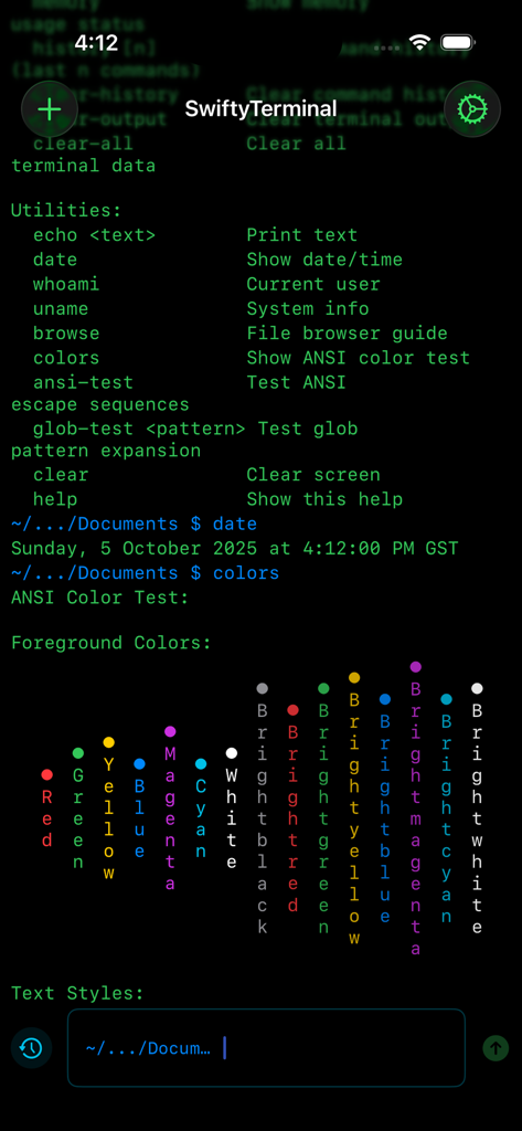 Mobile terminal interface on iPhone showing command utilities and ANSI color test output.