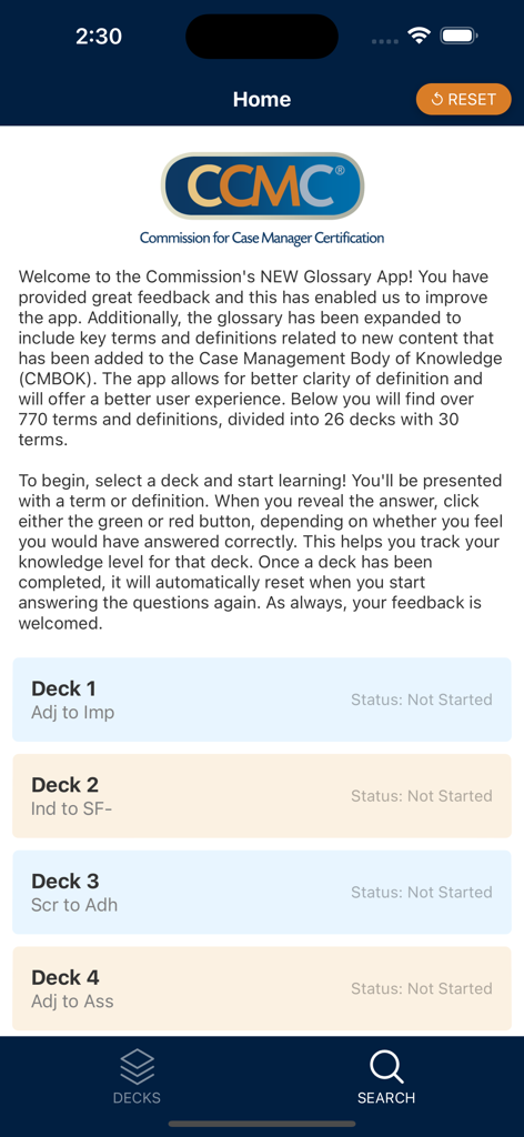 CCM Glossary App - Pantalla de inicio de la aplicación CCM Glossary mostrando texto introductorio y mazos de estudio