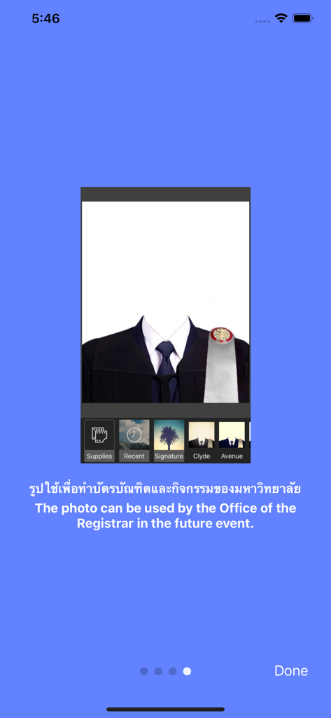 TUPicNow app interface showing a digital graduation gown template and photo editing filters for university registration photos