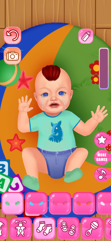 Baby Dress Up & Daycare Games - Um bebê animado chorando em um jogo de vestir e cuidar com várias opções de roupas e acessórios.