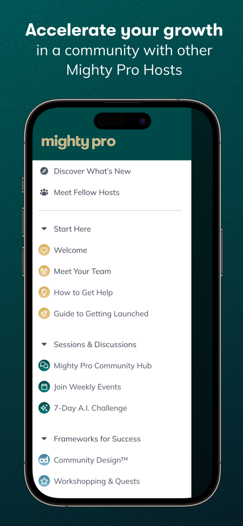 Mighty Pro - Sidebar navigation menu of the Mighty Pro app showing growth resources for community hosts.