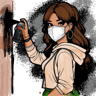 realistic girl with mask spray painting a wall
