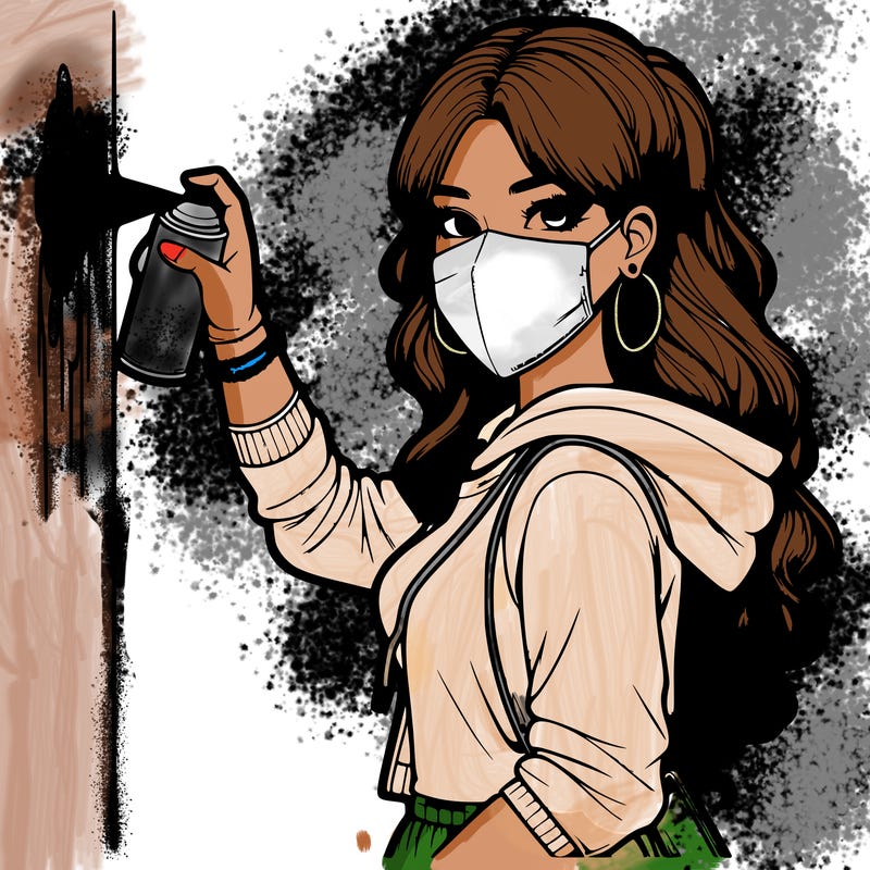 realistic girl with mask spray painting a wall