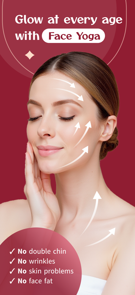 Lumina: Face Yoga - A woman with white arrows indicating facial lifting directions and a list of anti-aging benefits from face yoga