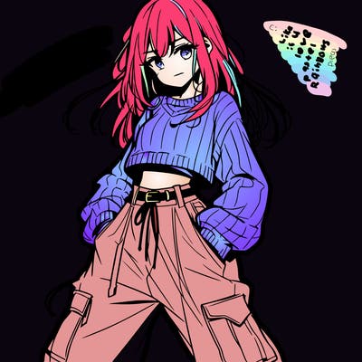 anime teen girl with baggy pants and crop top with sweater