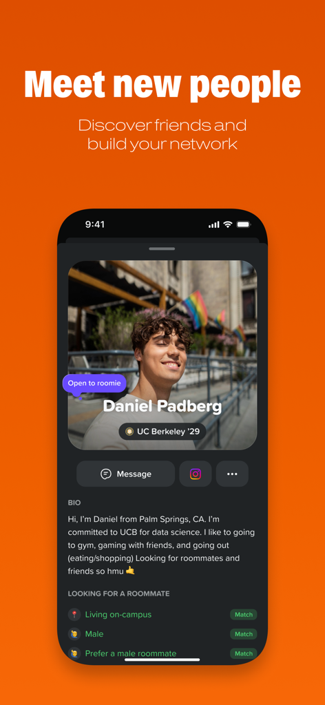 IGOTIN mobile app screen showing a student profile for UC Berkeley Class of 2029 roommate discovery.