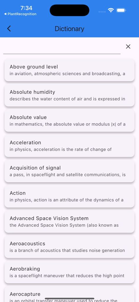 Aerospace Engineering Terms - Dictionary view of the Aerospace Engineering Terms app showing a list of technical definitions