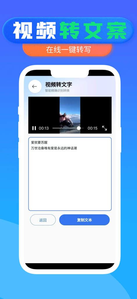 水印大师-提取素材视频水印编辑 - A mobile interface from the Watermark Master app showcasing its video to text transcription feature with a copy text option.