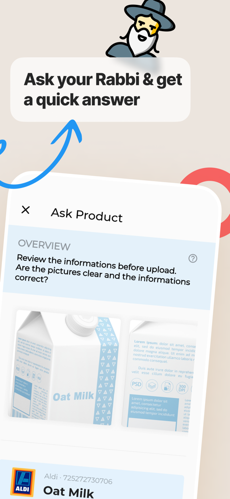 Tela de um aplicativo móvel mostrando o processo de upload de fotos de produtos para perguntar a um rabino sobre o status kosher de um produto.