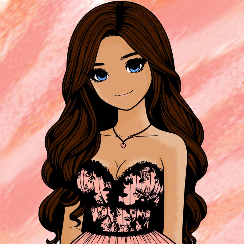 realistic girl with long hair and pretty prom dress