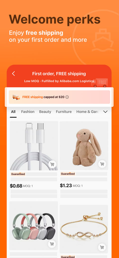 Alibaba app welcome screen showing free shipping on first order with a selection of wholesale products like cables and headphones