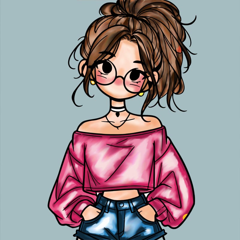 girl with a messy ponytail glasses a baggy crop top and jean shorts