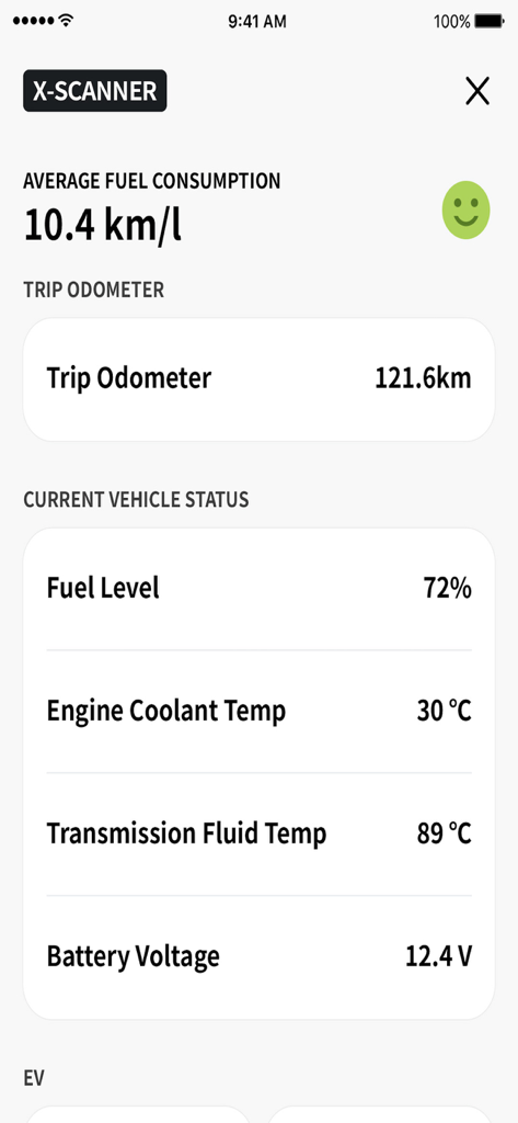 Interfaz X-SCANNER de la aplicación IROAD Smart Manager que muestra métricas de salud del vehículo en tiempo real, incluido el consumo de combustible y el voltaje de la batería