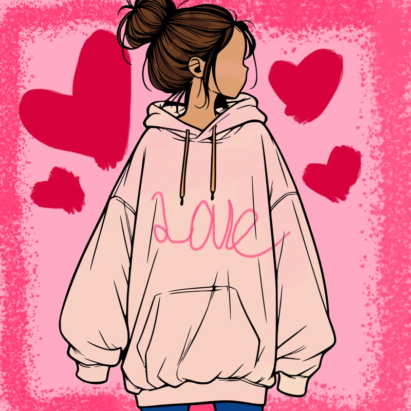 realistic girl with a oversized sweatshirt on and a bun