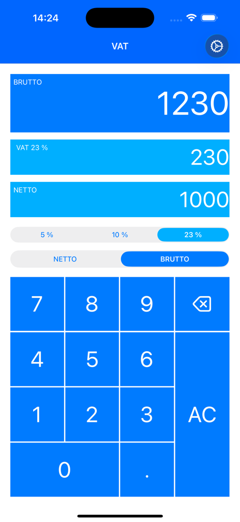 VAT Calculatorアプリのインターフェース、23パーセントの税率で総額と純額の価格計算を表示