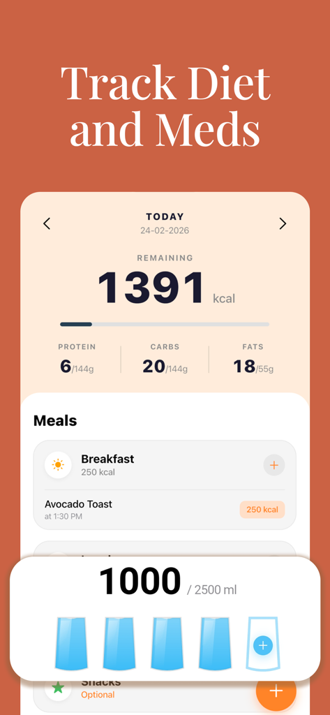 Ava app dashboard showing daily calorie macros and water intake tracking for PCOS management
