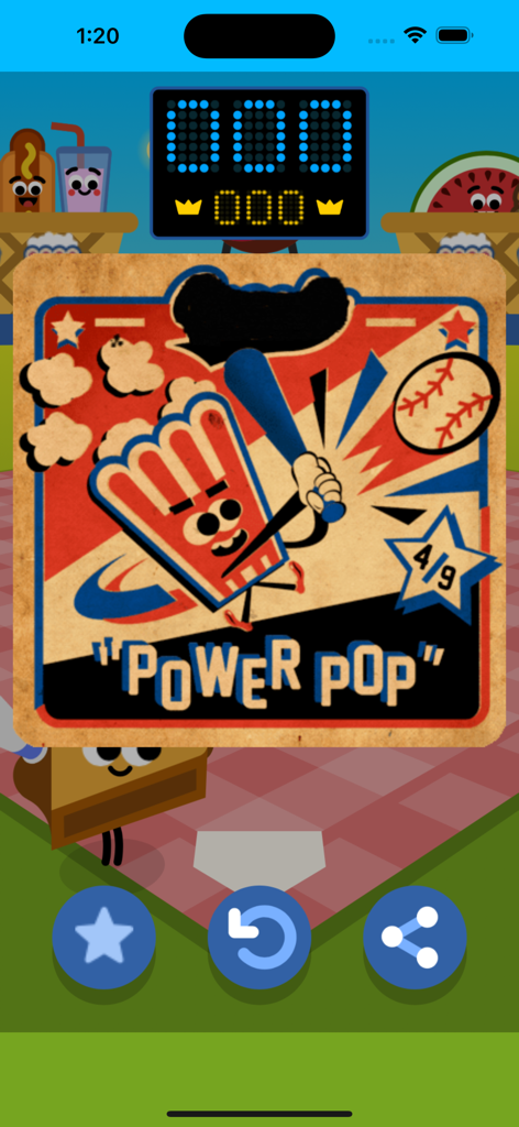 Doodle Baseball Game - Popcorn character card named Power Pop in Doodle Baseball Game