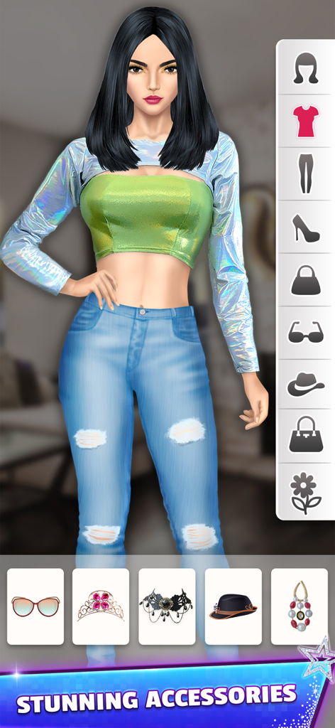 Fashion - Dress Up Games - Un personaje femenino en un juego de moda estilizado con un top corto verde y jeans rotos con una selección de accesorios como una tiara y un collar debajo.