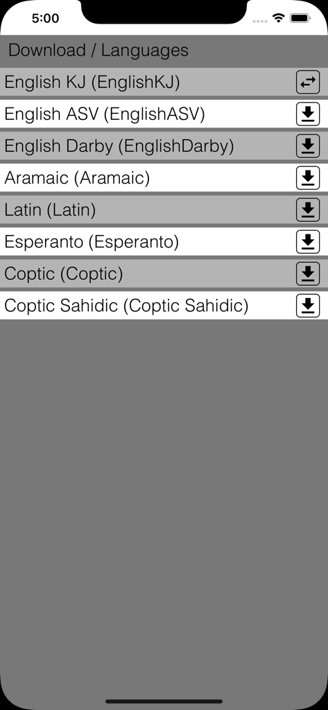 Selection screen for downloading Bible versions in different languages like English, Latin, and Aramaic.
