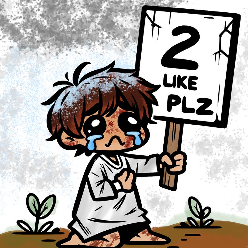 small poor toddler crying with sign that says 2 like plz