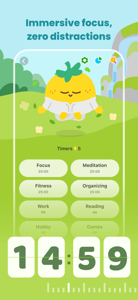 Fokus-Timer-Oberfläche der MeGrow-App mit einer meditierenden Tomatenfigur und anpassbaren Aufgaben-Timern