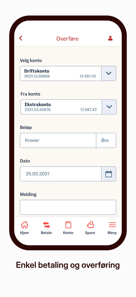 Sparebanken Norge Bedrift - Mobile screen for money transfer in the Sparebanken Norge Bedrift business banking app