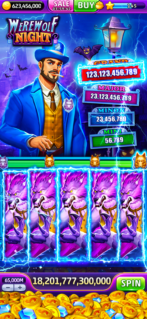 Jackpot World Casino slots Werewolf Night game screen showing a huge win and progressive jackpots.