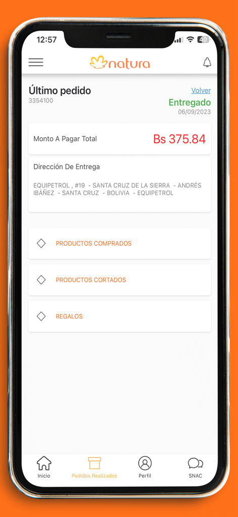 Mi Negocio Natura Bolivia - Pantalla de smartphone que muestra los detalles del último pedido, incluyendo el monto total y el estado de entrega en la app Mi Negocio Natura.