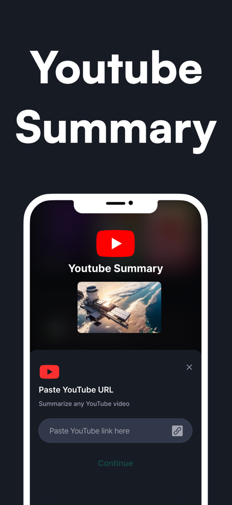 Pantalla de la aplicación móvil ChatAI Plus para resumir videos de YouTube pegando un enlace URL