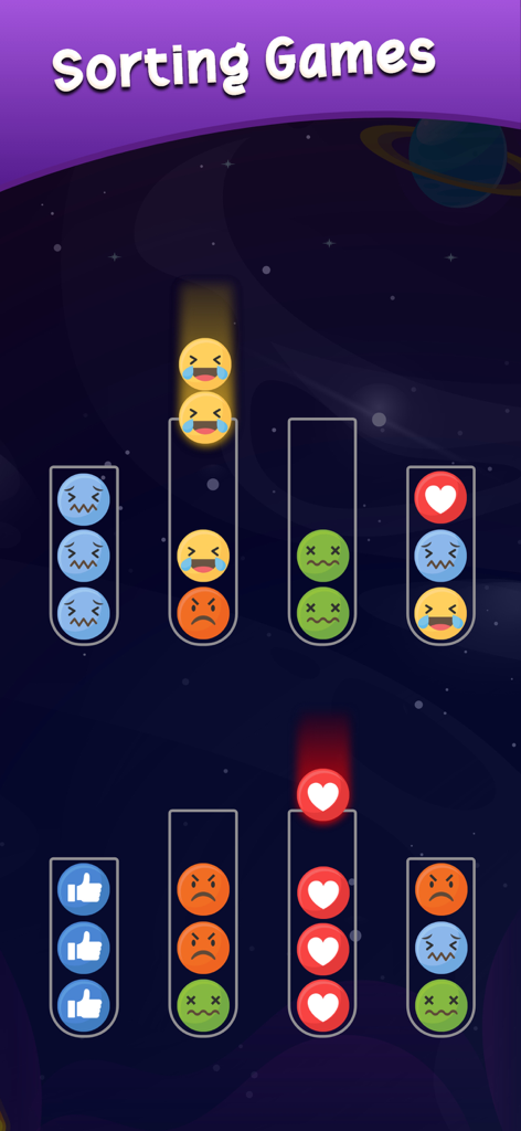Ball Sort Puzzle - Get Color - Nivel temático de emojis en Ball Sort Puzzle donde varios emoticonos se clasifican en tubos contra un fondo espacial.