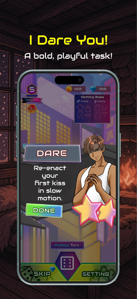 Love Couple Games - A playful dare challenge in the Love Couple Games app asking to re-enact a first kiss.