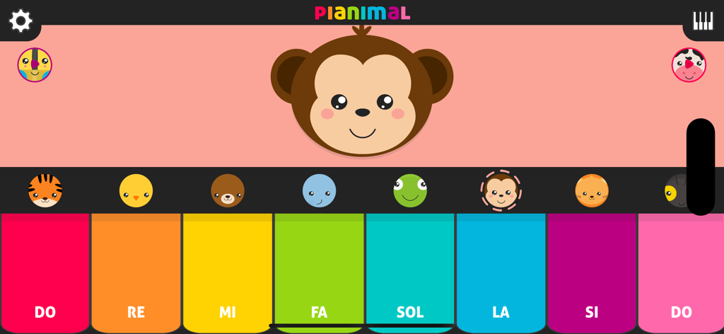 Pianimal Wild - Interface of Pianimal Wild app featuring a cartoon monkey and colorful piano keys with musical notes