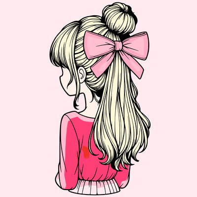 realistic girl  with hip length hair a bun and a big bow on the back of head
