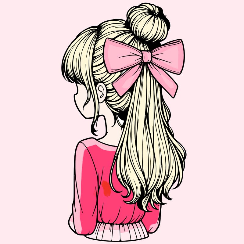 realistic girl  with hip length hair a bun and a big bow on the back of head