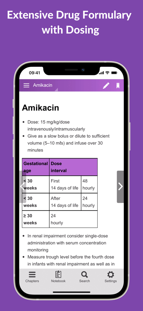 Neonatal Guide - Neonatal Guide app screenshot displaying the drug formulary and dosing instructions for Amikacin
