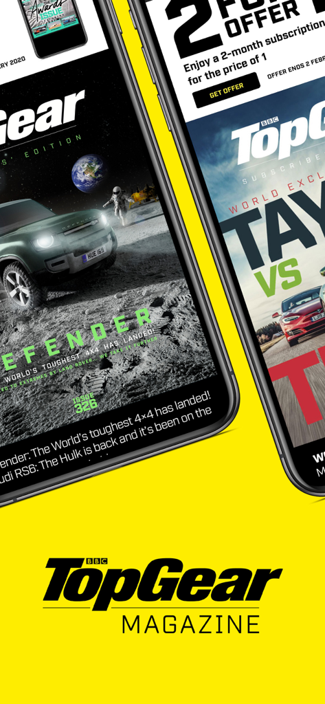 Top Gear Magazine - Interface do aplicativo da Revista Top Gear mostrando capas de revistas e uma oferta de assinatura