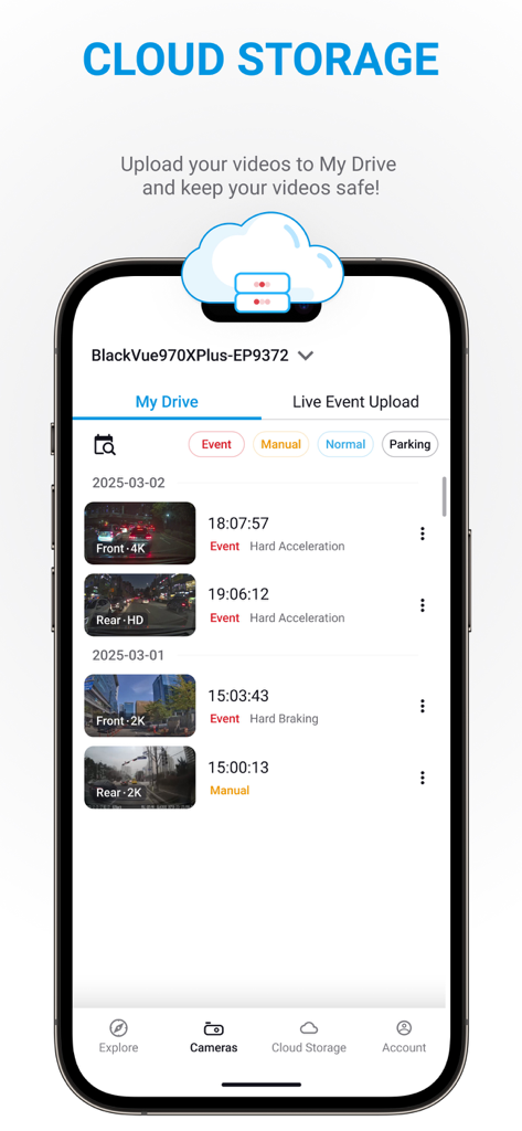 Ecrã de armazenamento na nuvem da aplicação BlackVue apresentando uma lista de gravações de vídeo da dashcam categorizadas por eventos e capturas manuais
