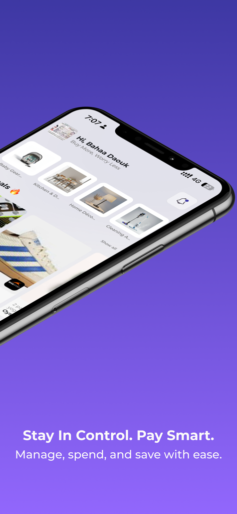 Slideit - Shop Now Pay Later - Slideit app home screen showing shopping categories and pay smart slogan on a smartphone.
