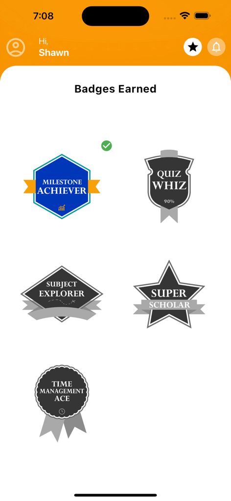 EduHub studySmart - Uno schermo nell'app EduHub studySmart che mostra vari badge di risultati gamificati come "Milestone Achiever" e "Quiz Whiz".