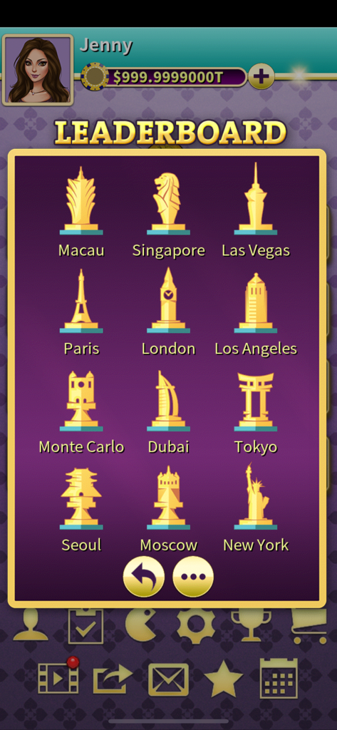 Big 2 Offline - KK Pusoy Dos - Leaderboard screen in Big 2 Offline KK Pusoy Dos featuring global city trophies like Macau and Las Vegas
