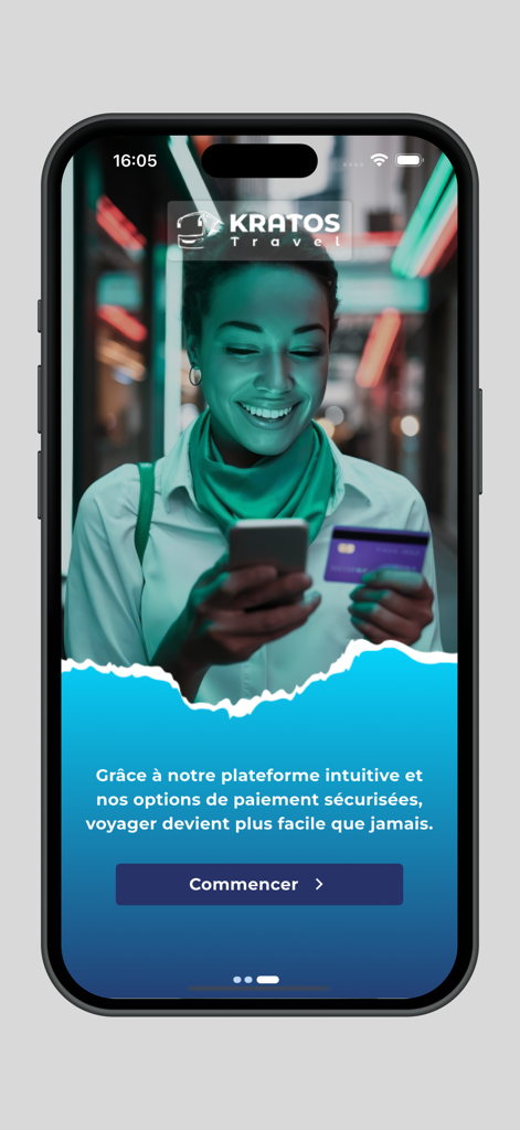 Kratos Travel - Pantalla de bienvenida de la aplicación Kratos Travel con una mujer sosteniendo una tarjeta de crédito y un smartphone para reservar viajes
