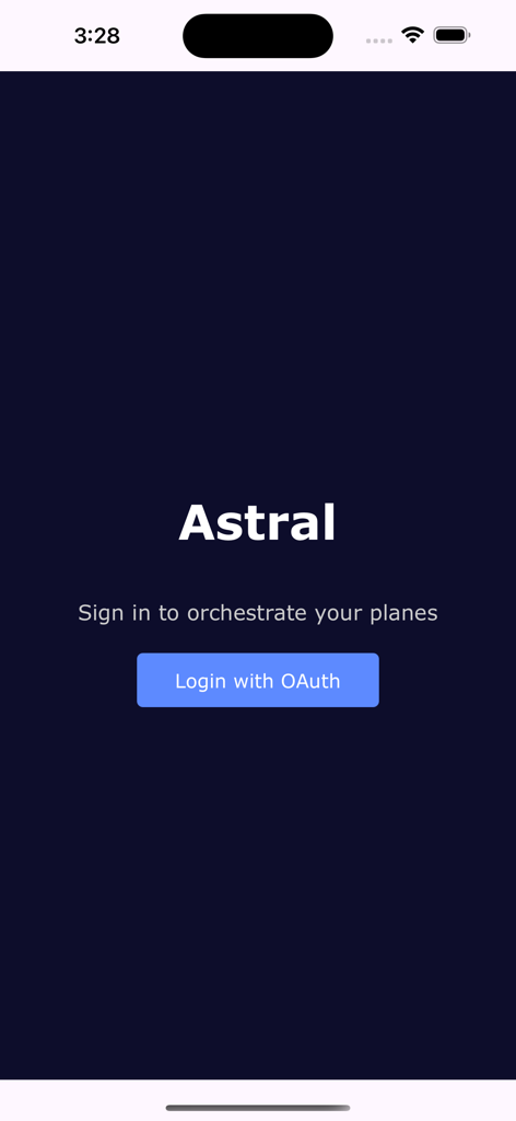 Astral AI - Écran de connexion de l'application Astral AI montrant un bouton de connexion OAuth sur fond sombre