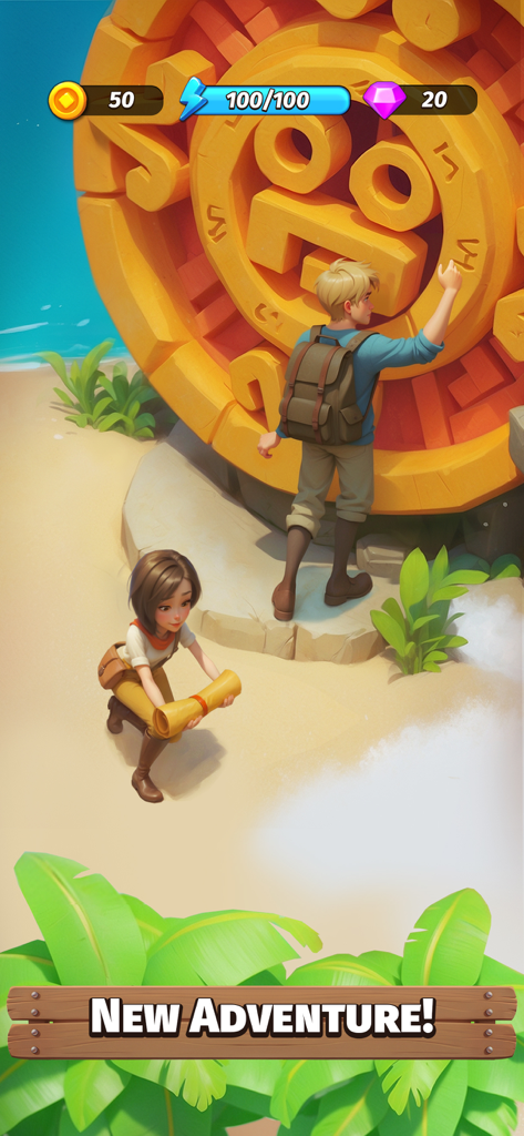 Two explorers discovering an ancient golden artifact on a beach in Legendale Adventure Island
