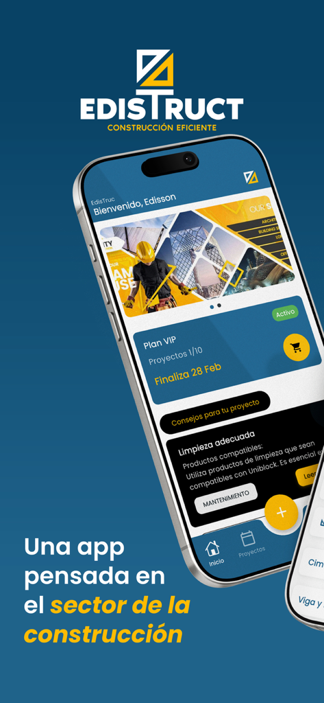 Edistruct - Tela inicial do aplicativo Edistruct para profissionais da construção, apresentando ferramentas de gerenciamento de projetos.