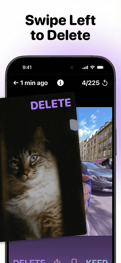 Photo Cleaner: Swipewipe - Una persona deslizando hacia la izquierda sobre una foto de un gato para eliminarla en la interfaz de la aplicación Swipewipe.